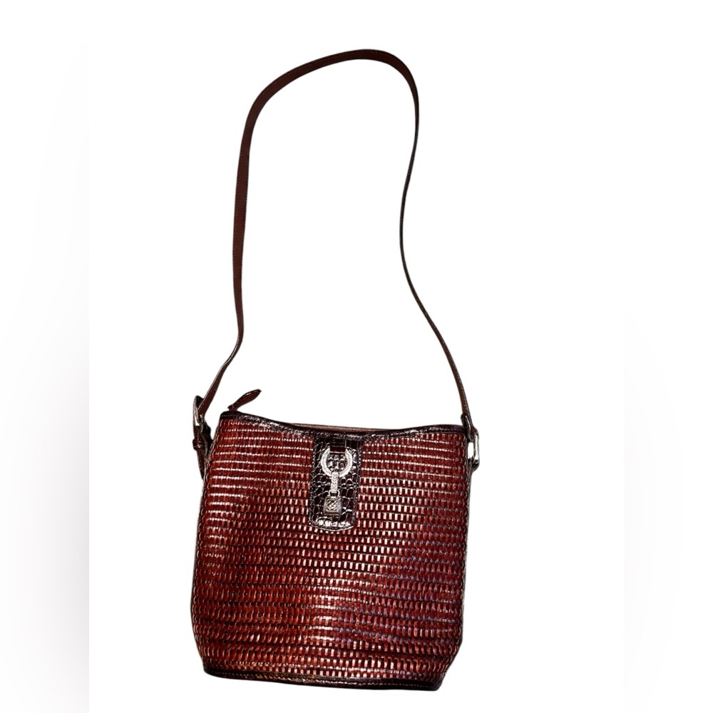 Brighton Brown Leather Crossbody Bag with Silver Accents and adjustable straps.